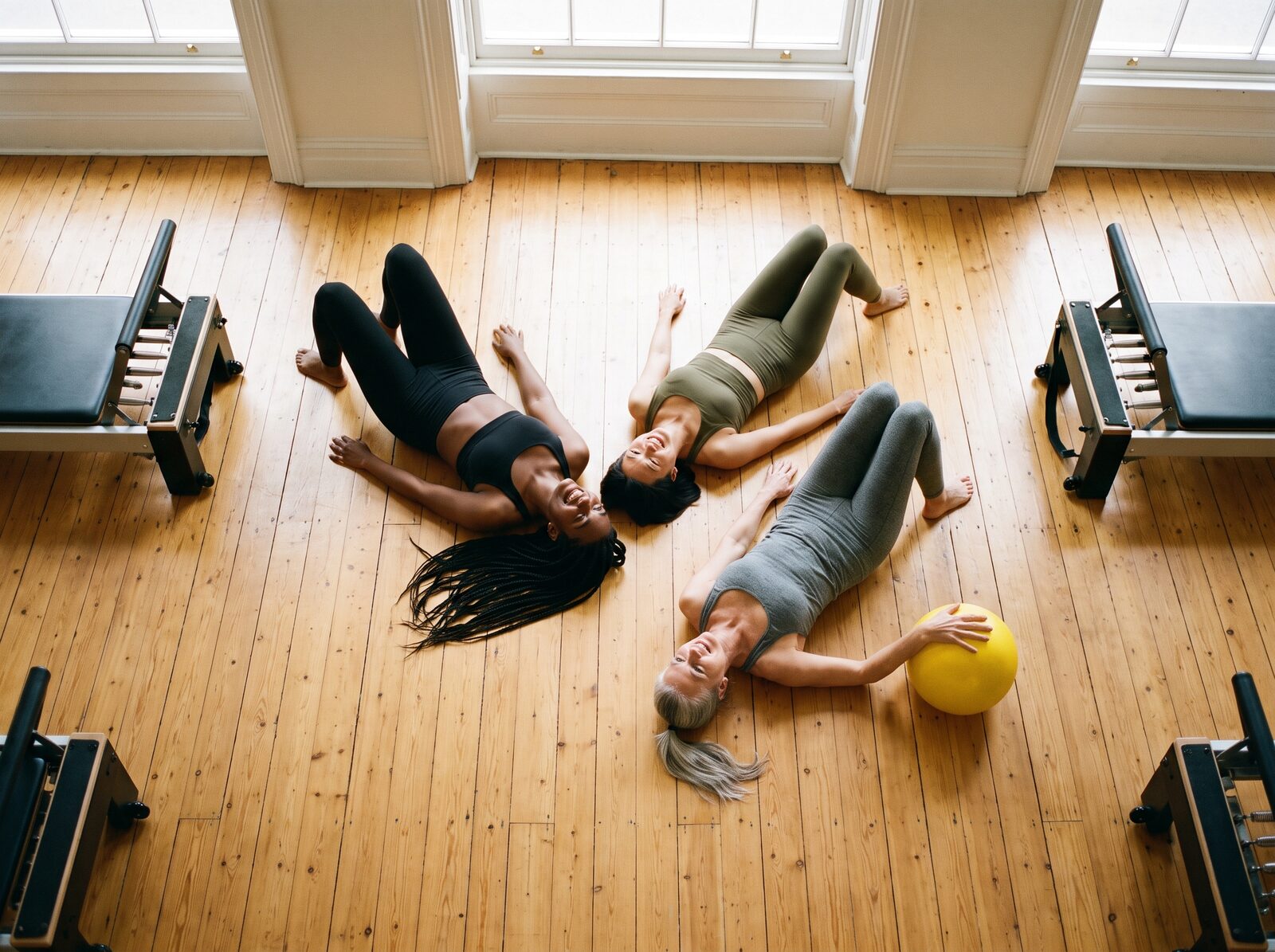 Three members lying on the studio floor together after a class
