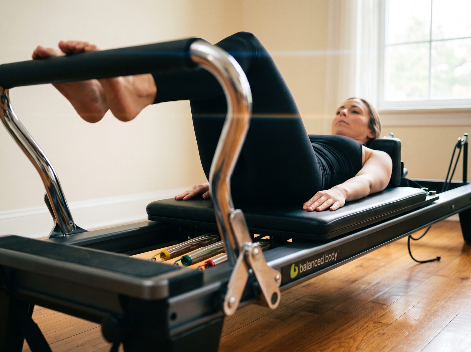 A woman performing footwork on a reformer at Aria Pilates